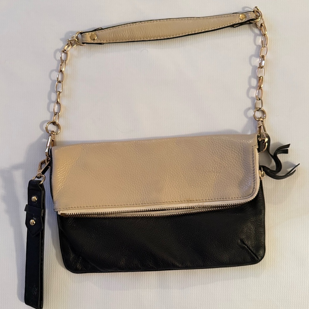 Ora Delphine Black and Cream Leather Shoulder Clutch Bag